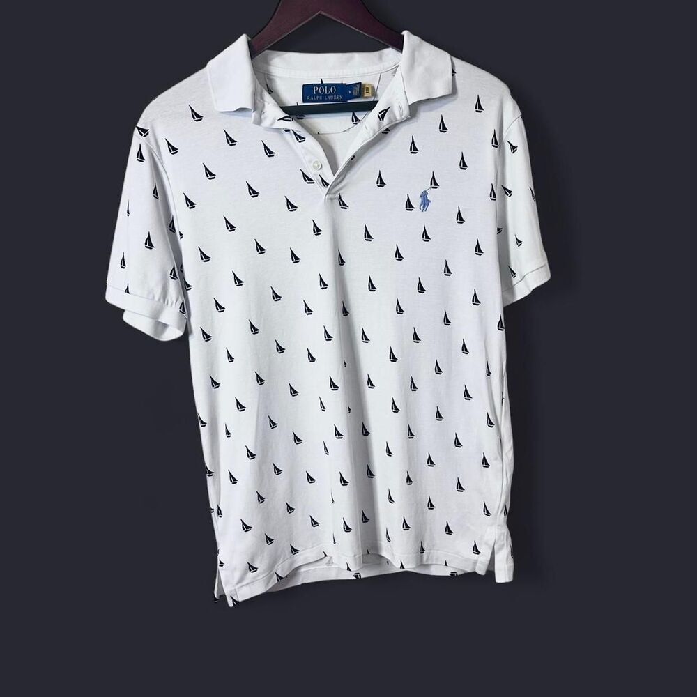 Polo Ralph Lauren Nautical Style Sailboat Print Polo White w/ Navy Blue Sz Med